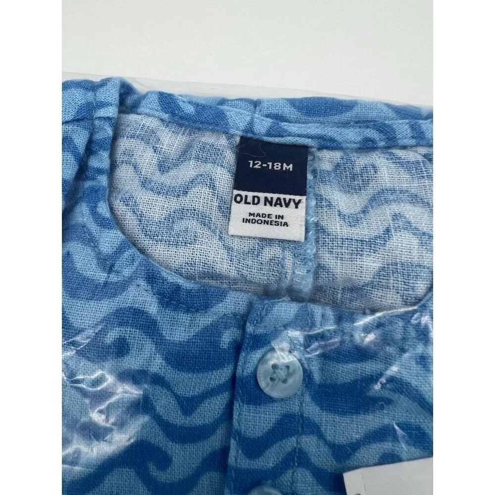 OLD NAVY Baby Romper Blue Wave Linen Blend Henley One Piece 12-18 months